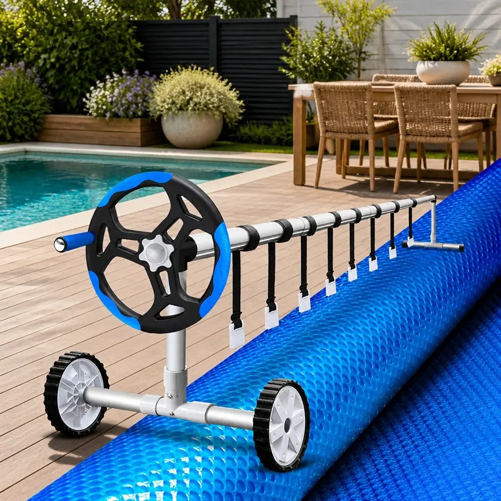 Pool Cover Solar Blanket 8x4.2m 500 Micron Blue with Adjustable Aluminium Roller