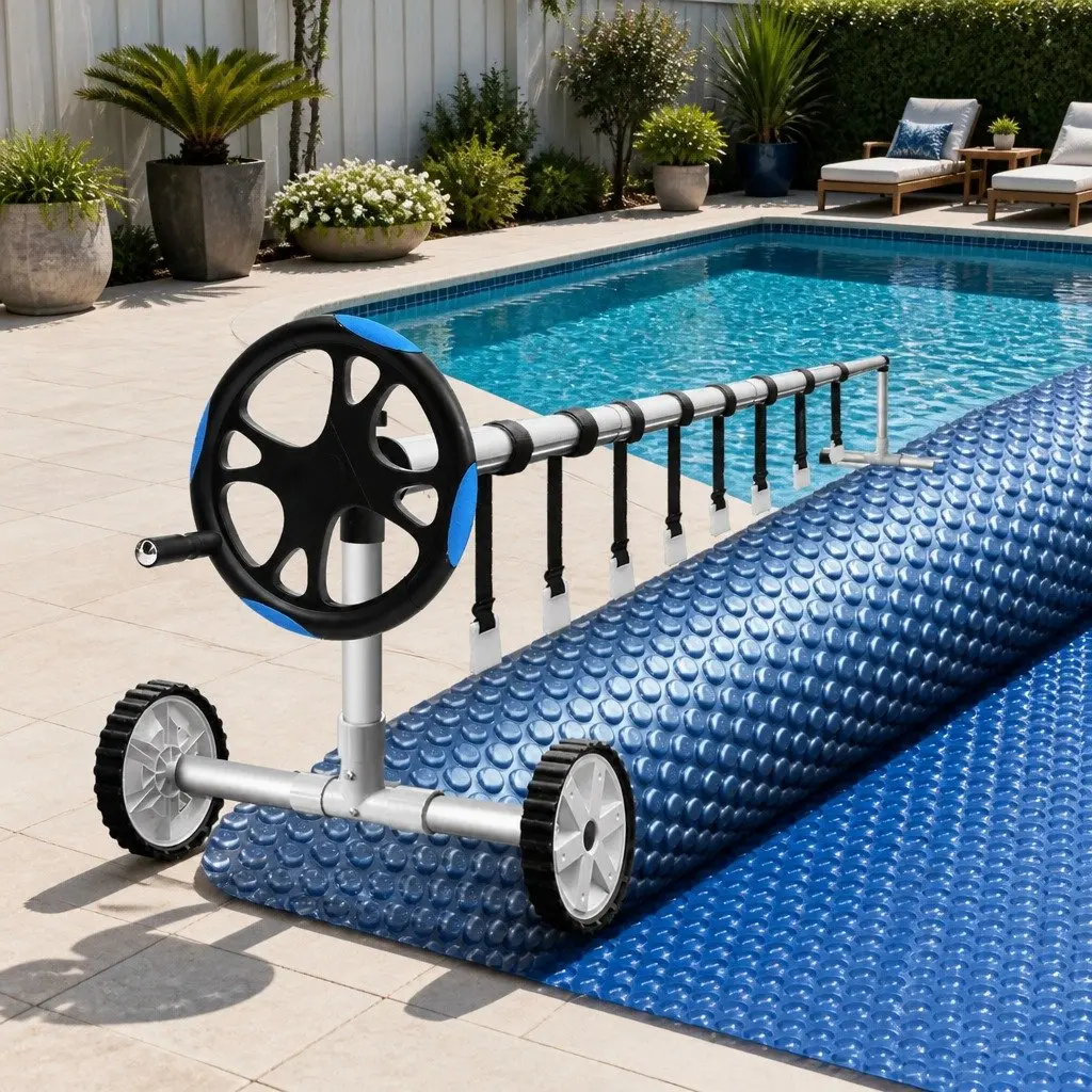 Pool Cover 8x4.2m Solar Heat Blanket 600 Micron w/ Aluminium Roller 5.55m Blue