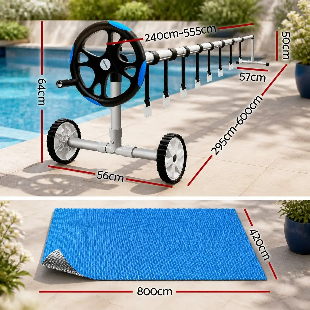 Pool Cover Solar Heat Blanket 8x4.2m Blue 600 Micron with Aluminium Roller 5.55m