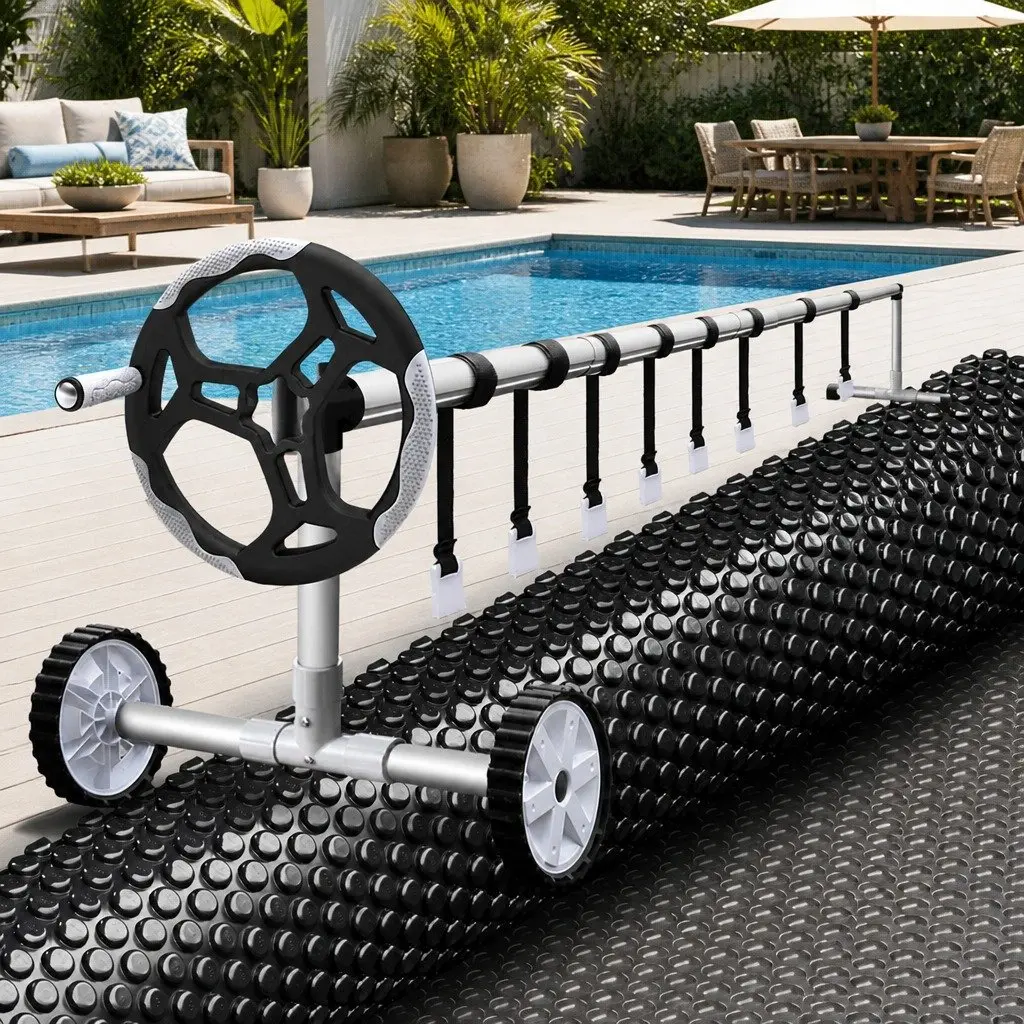Solar Pool Cover 9.5x5m 600 Micron with Aluminium Roller for Pools up to 5.55m Wide Blue and Black