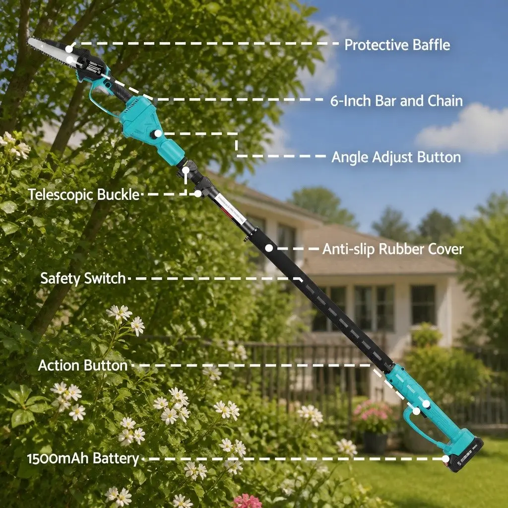 Cordless Electric Pole Chainsaw 6 Inch Telescopic Cutting Blade 20V Lithium-Ion Turquoise
