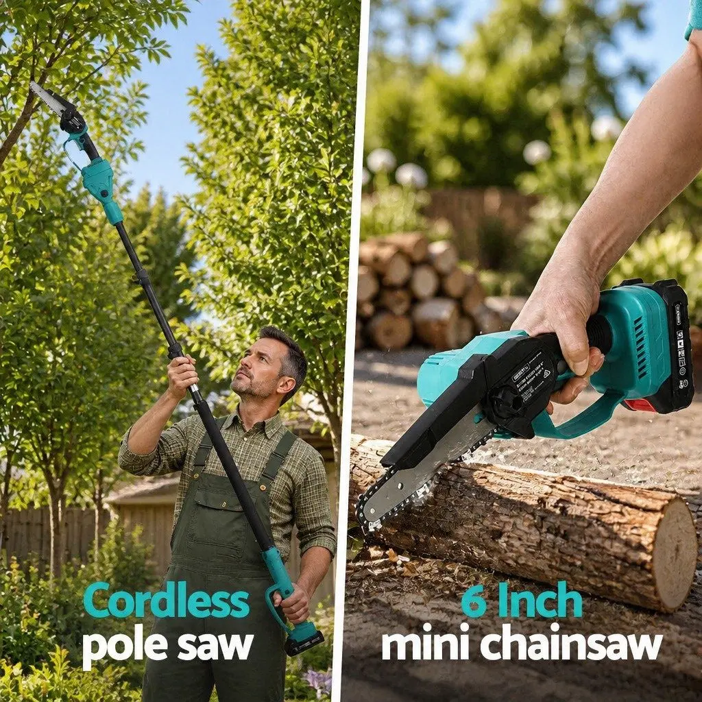 Cordless Electric Pole Chainsaw 6 Inch Telescopic Cutting Blade 20V Lithium-Ion Turquoise