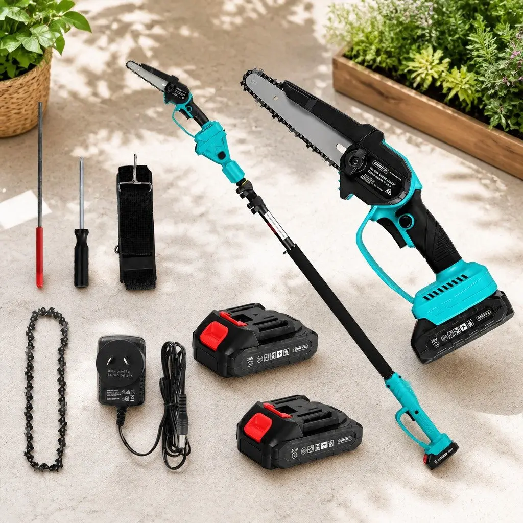 Cordless Electric Pole Chainsaw 6 Inch Telescopic Cutting Blade 20V Lithium-Ion Turquoise