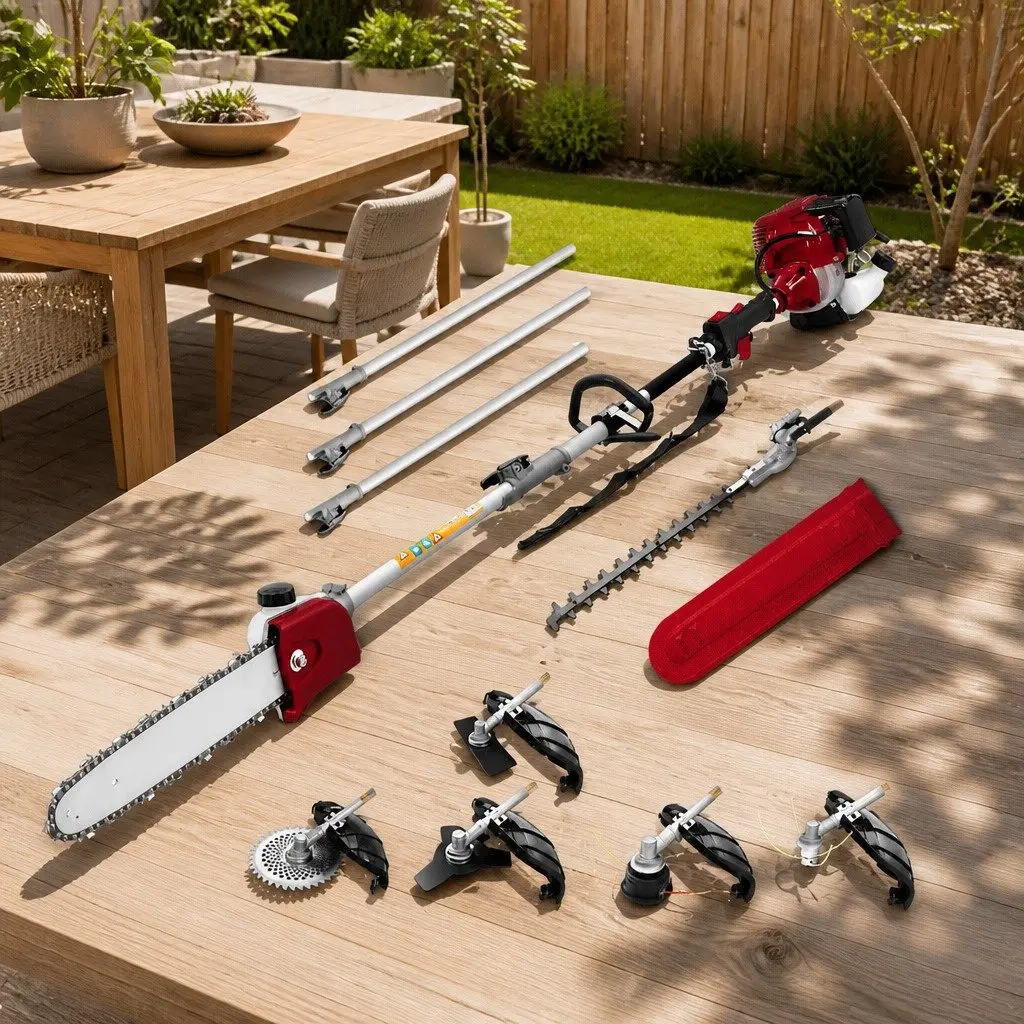 Pole Chainsaw 4 Stroke 31cc 12 Inch Red with 7 Attachments and Extension Poles for Trimming Pruning and Cutting Branches