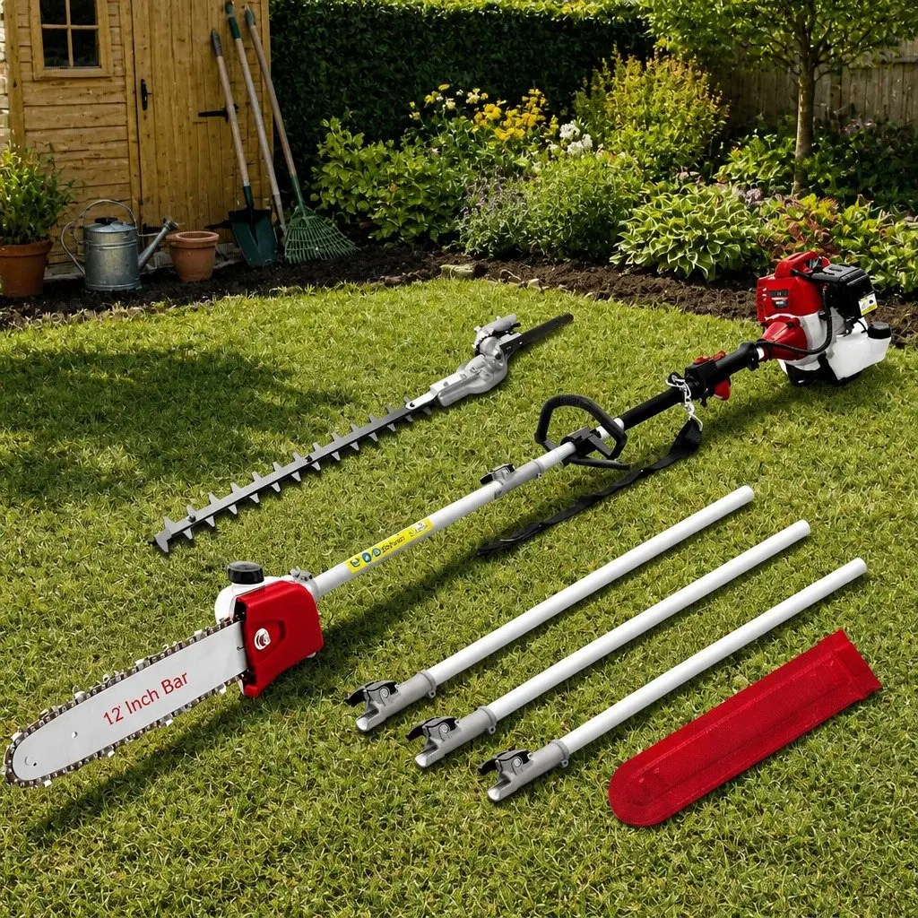Pole Chainsaw 52cc 2-in-1 Hedge Trimmer Long Reach 5.6m Black