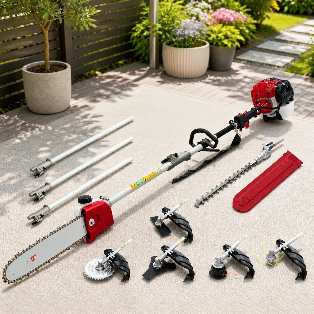 Pole Chainsaw 52cc 2 Stroke Petrol Multi Tool with Hedge Trimmer Brush Cutter and Extension Poles Red