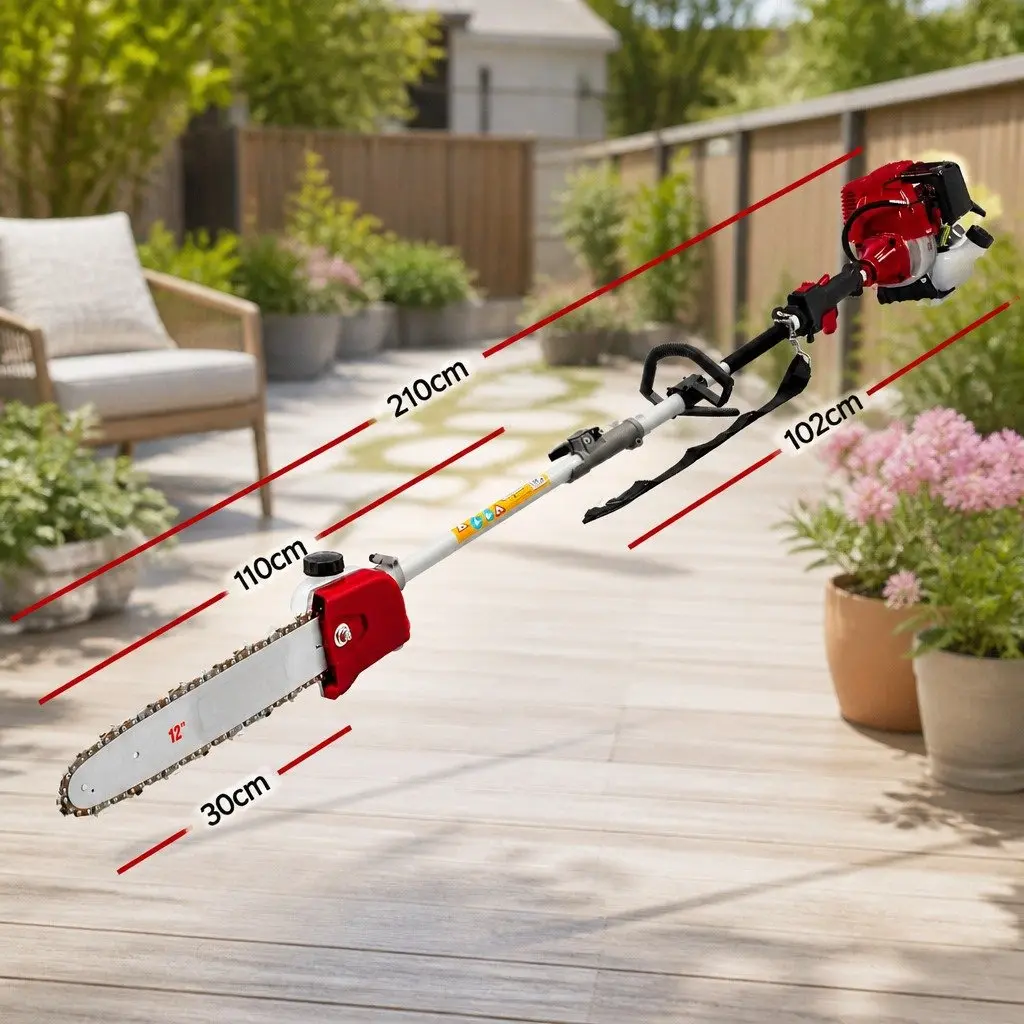 Pole Chainsaw 52cc 2 Stroke Petrol Multi Tool with Hedge Trimmer Brush Cutter and Extension Poles Red