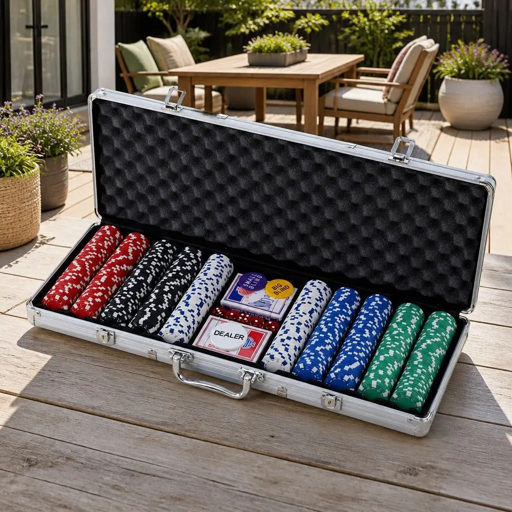 500 Piece Poker Chips Set Casino Game with Cards Dices and Buttons in Lockable Aluminum Case