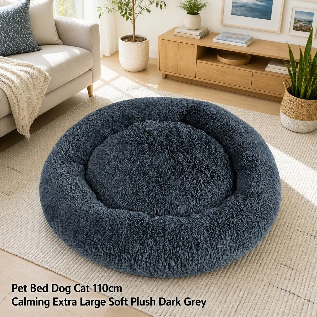 Extra Large Pet Bed Soft Plush Calming Dark Grey Non-Slip 110cm