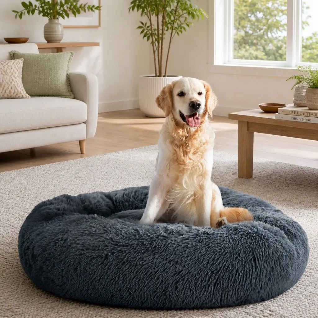 Dog Bed Calming Soft Plush 90cm Dark Grey