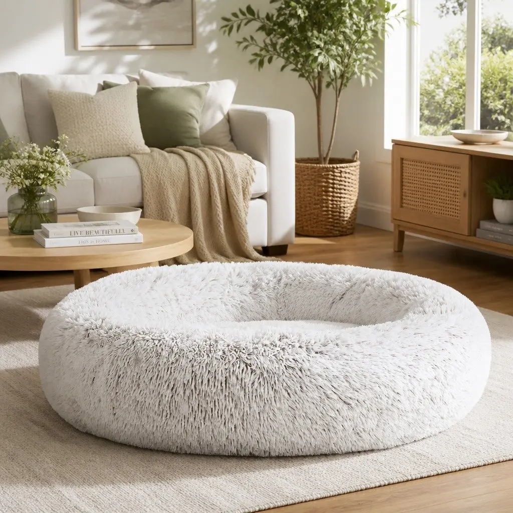 Large Pet Bed Soft Plush Washable 90cm White Brown