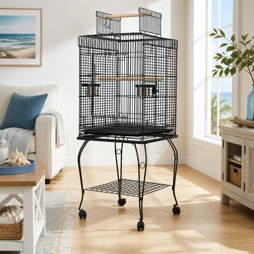 Large Bird Cage 145cm Black Aviary Stand Wrought Iron Parrot Enclosure with
