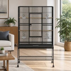 Large Bird Cage Aviary 138cm Black Stand Perches Food Bowls Easy Assembly