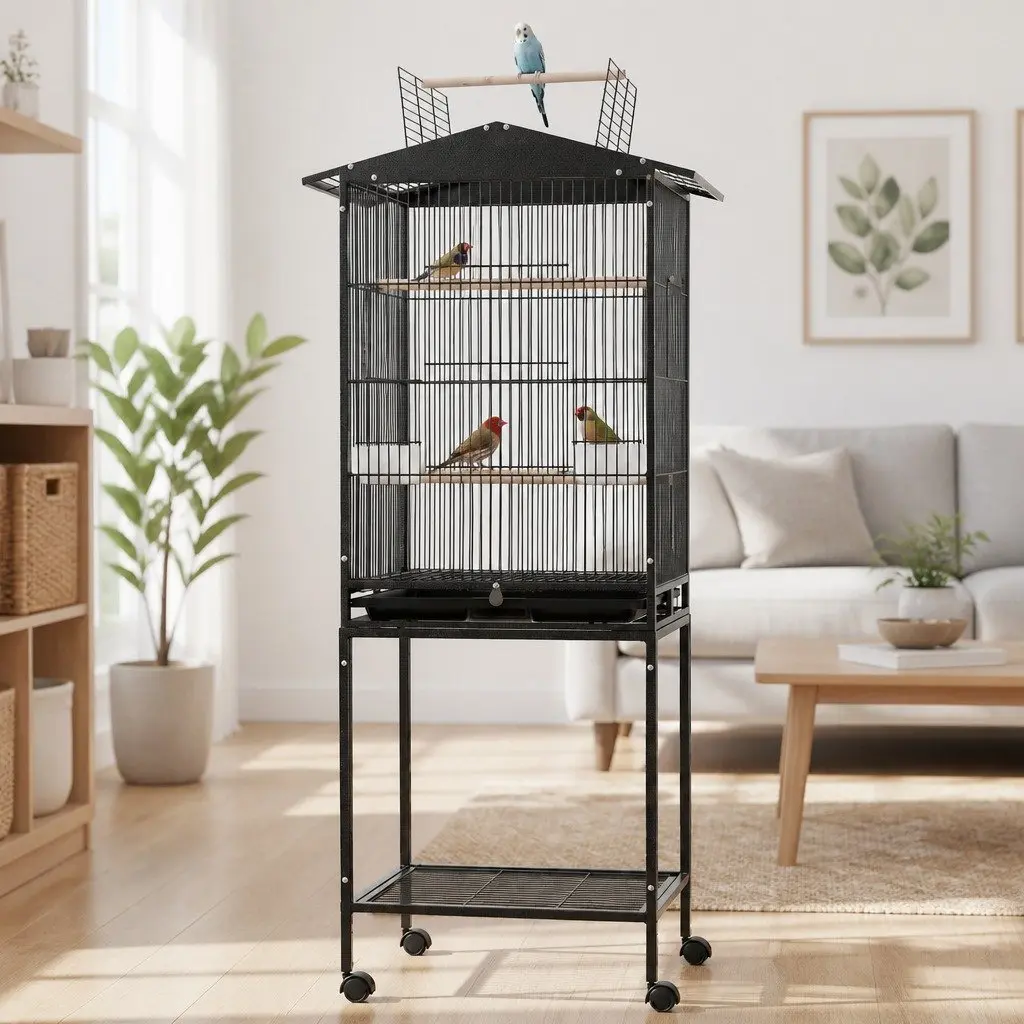 Bird Cage Aviary Open Top Parrot Budgie Stand 136cm Wheels Black Storage Shelf