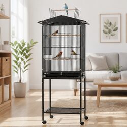 Bird Cage Aviary Open Top Parrot Budgie Stand 136cm Wheels Black Storage Shelf