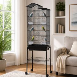 Bird Cage Aviary 158cm Parrot Budgie Stand Wheels Black 3-in-1 Design Hanging