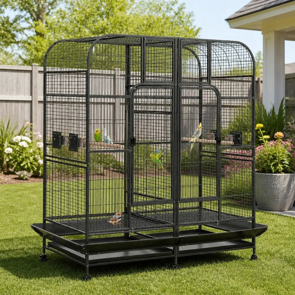 Bird Aviary Cage Heavy-duty Wrought Iron 185cm Black Removable Divider Castor Wheels