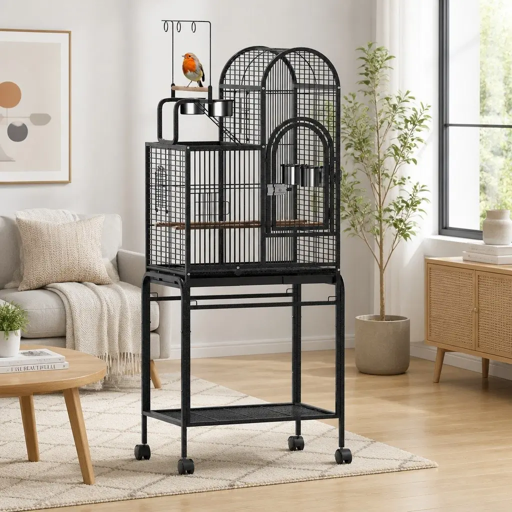 Large Bird Cage Aviary Black Metal Frame 152.5cm Portable with Wheels Multiple Doors