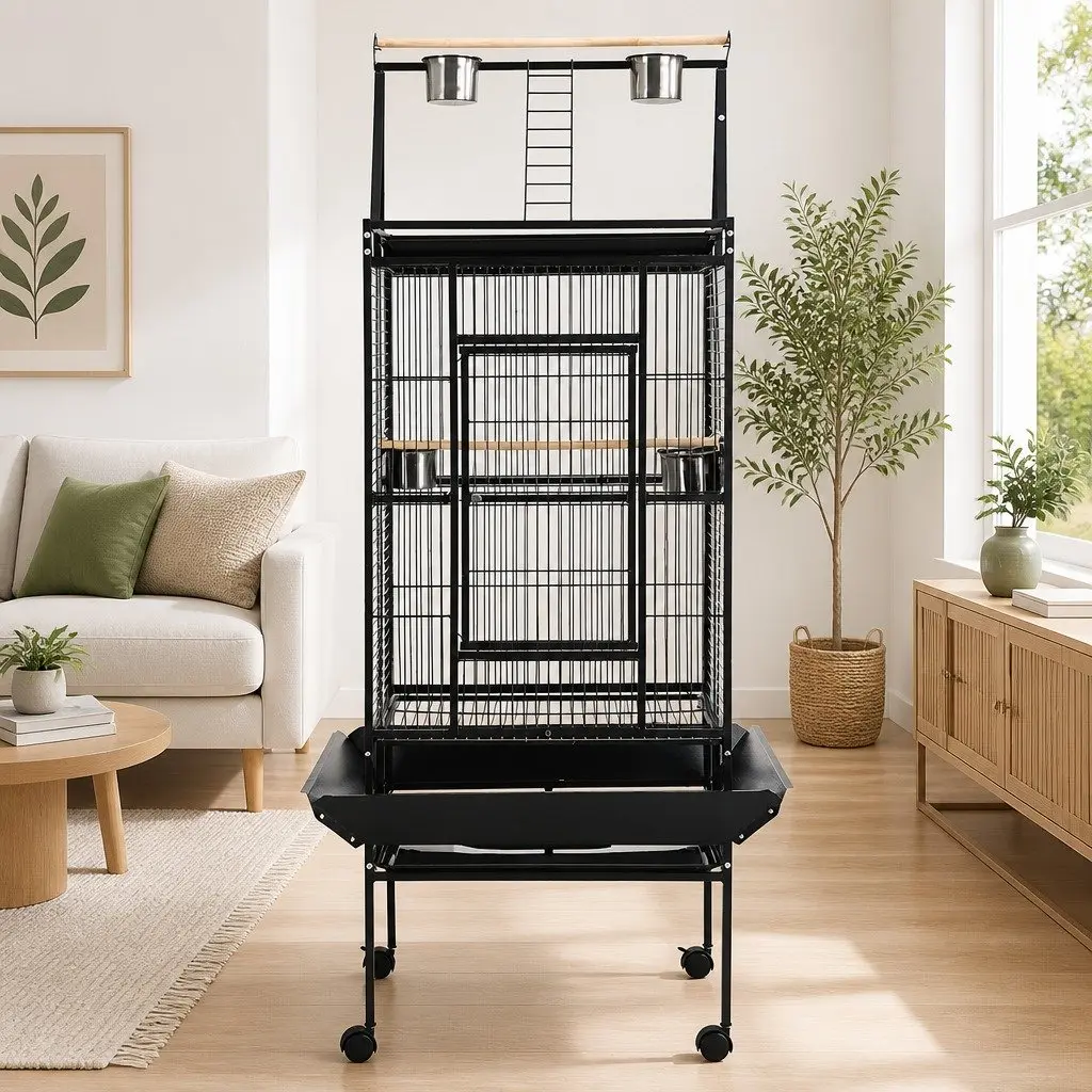 Large Bird Cage Aviary 173cm Tall Durable Wrought Iron Black with Perches and Food Bowls