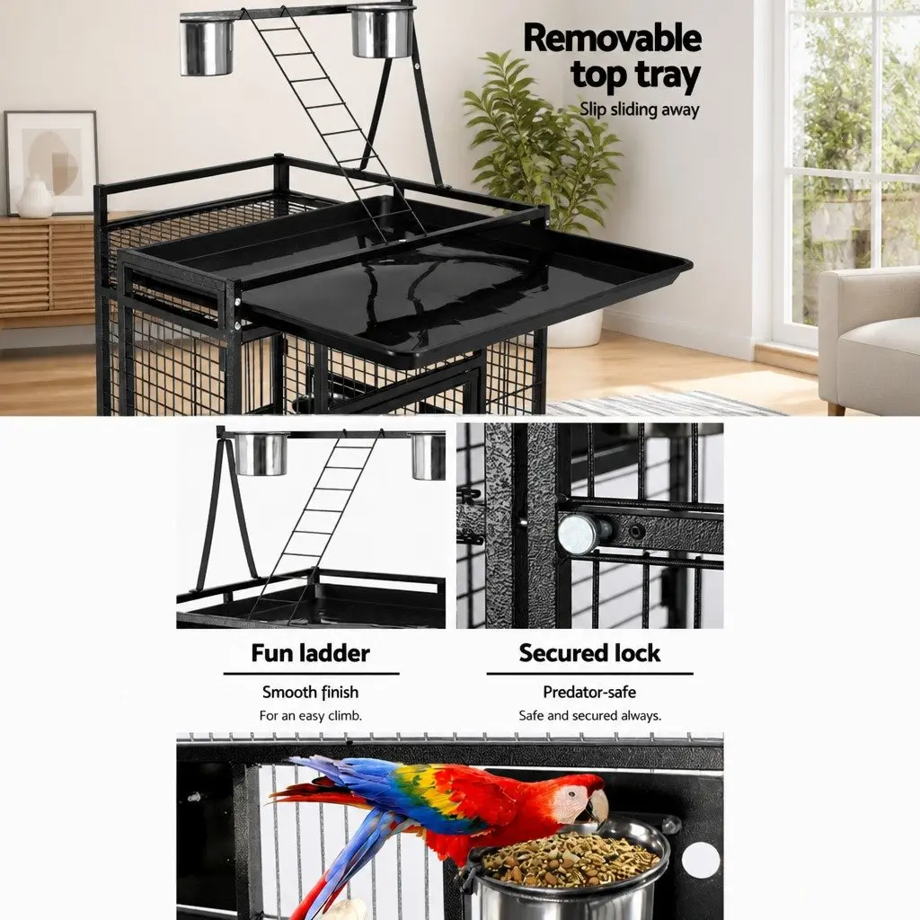 Large Bird Cage Aviary 173cm Tall Durable Wrought Iron Black with Perches and Food Bowls