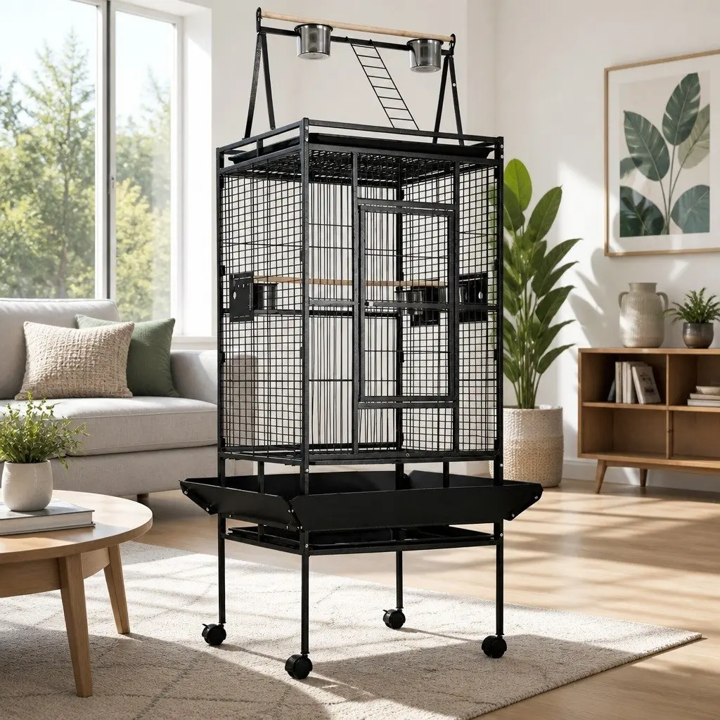 Large Bird Cage Aviary 173cm Tall Durable Wrought Iron Black with Perches and Food Bowls