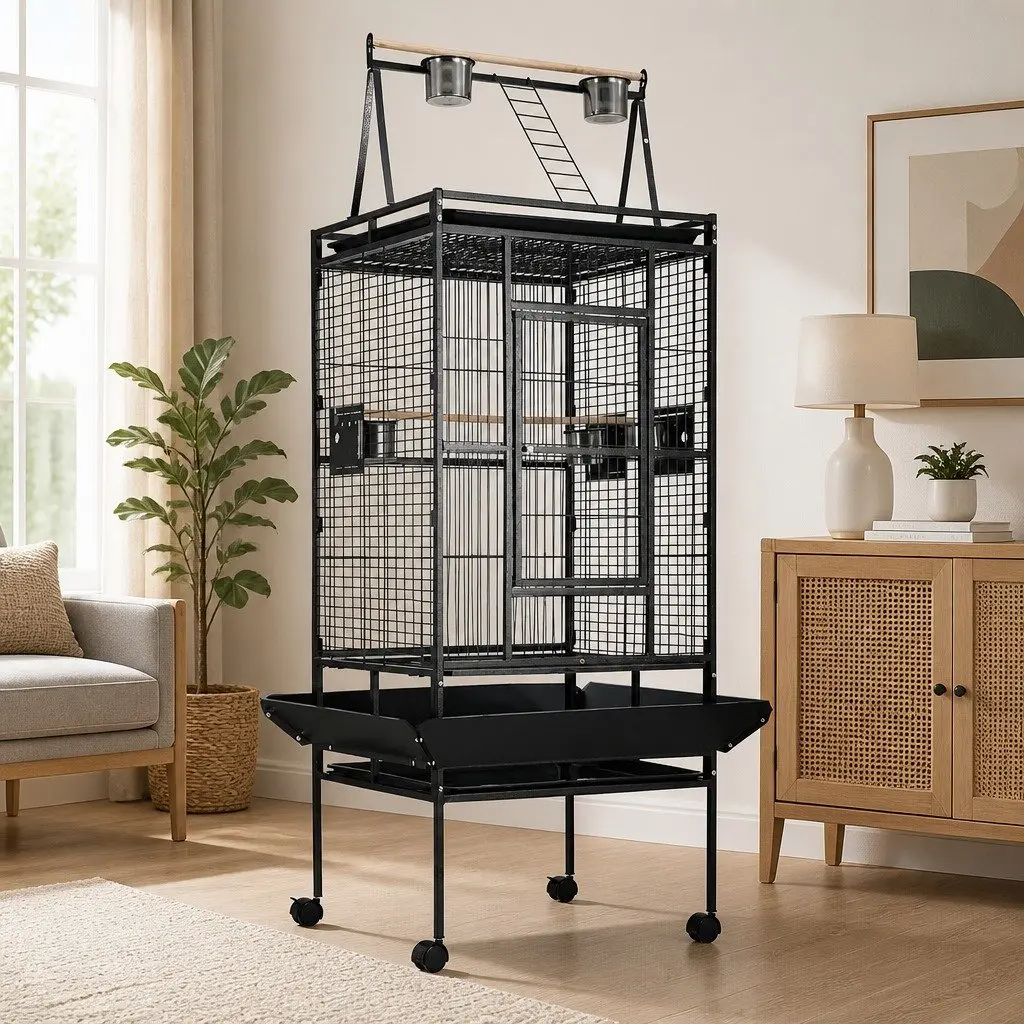 Large Bird Cage Aviary 173cm Tall Durable Wrought Iron Black with Perches and Food Bowls