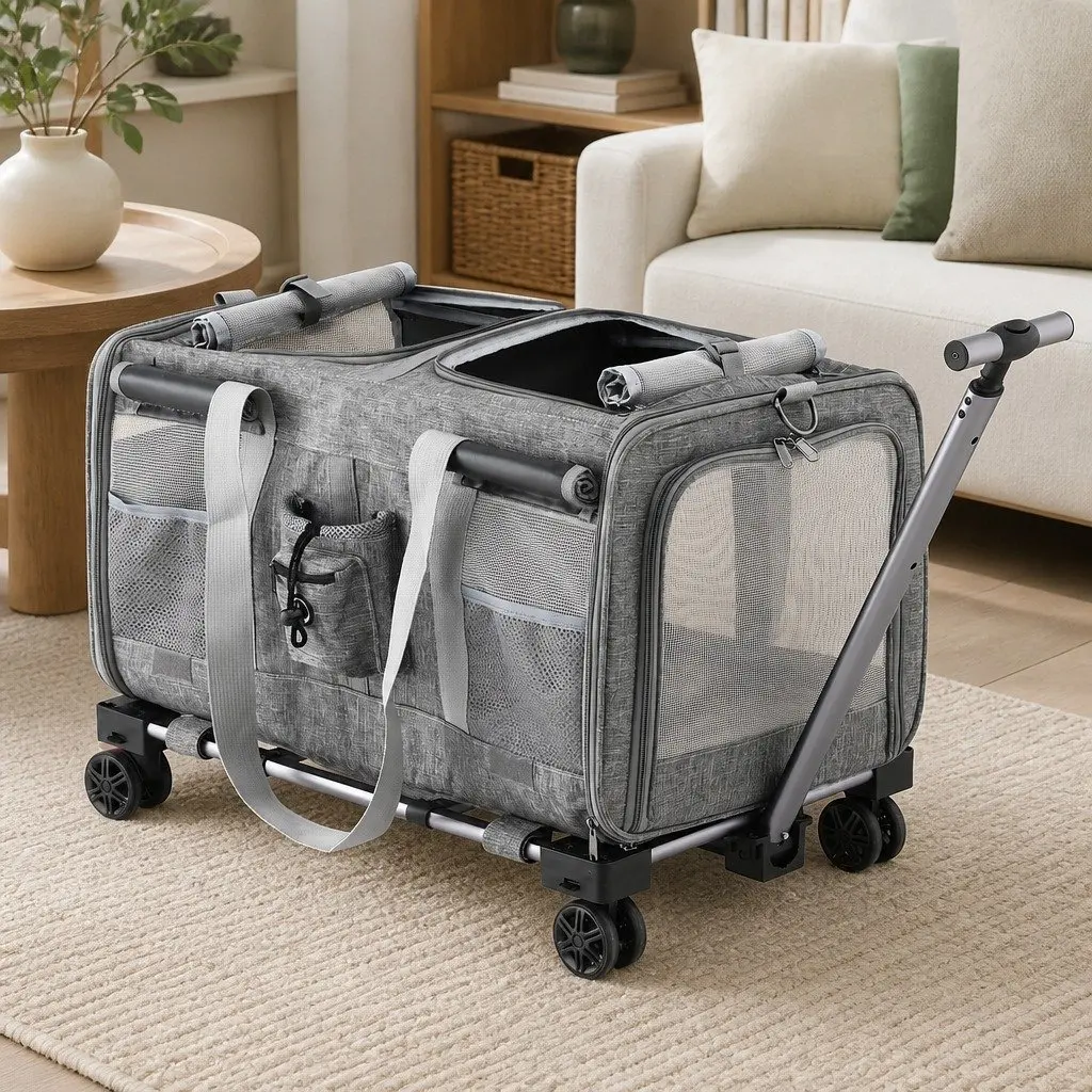 Pet Carrier Trolley Stroller Foldable Swivel Wheels Shoulder Strap Dog Cat