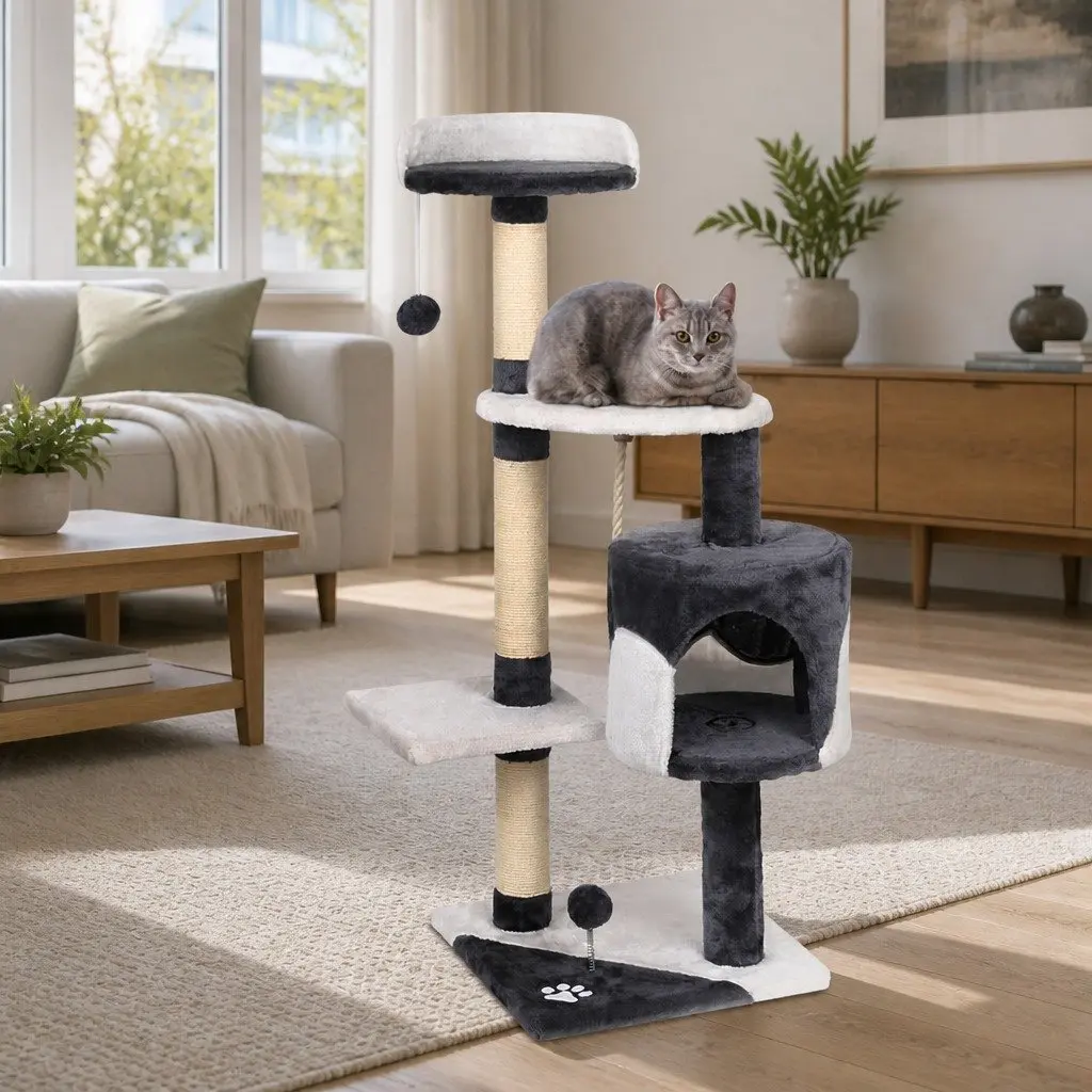 Cat Tree 112cm Tall Scratching Post Tower Condo House Grey Multi-Level Play