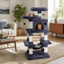 Cat Tree 145cm Tower Scratching Post Condo House Large Bed Grey Multi-Level