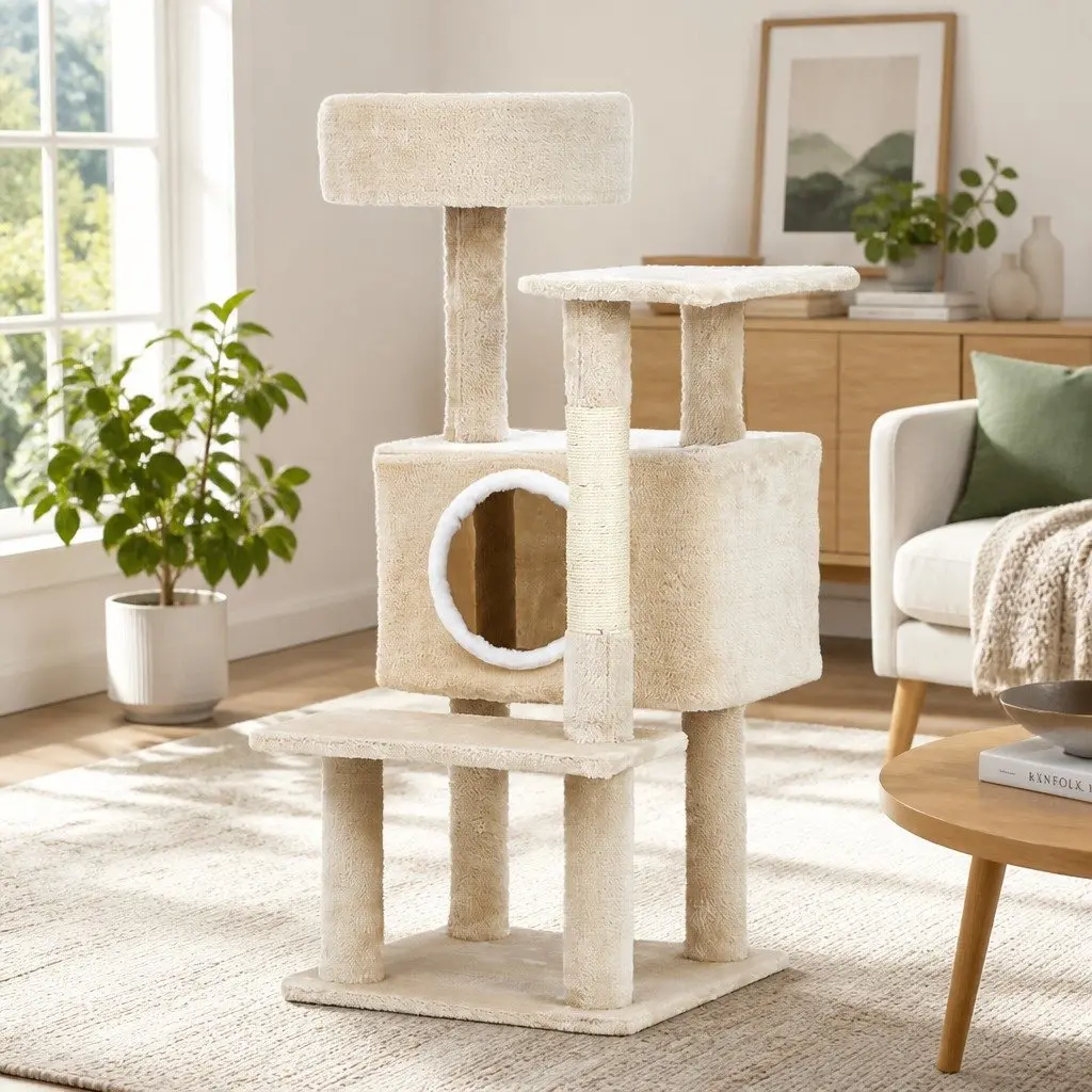 Cat Scratching Post Multi-Level 90cm Beige Plush Velvet and Sisal