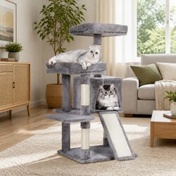 Cat Tree 103cm Tower Scratching Post Condo House Multi-Level Platforms Grey