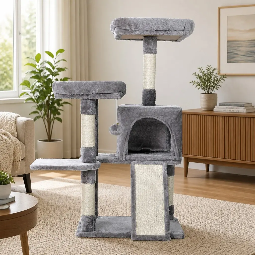 Cat Tree Multi-Level 103cm Grey Plush Velvet Scratching Post Condo House