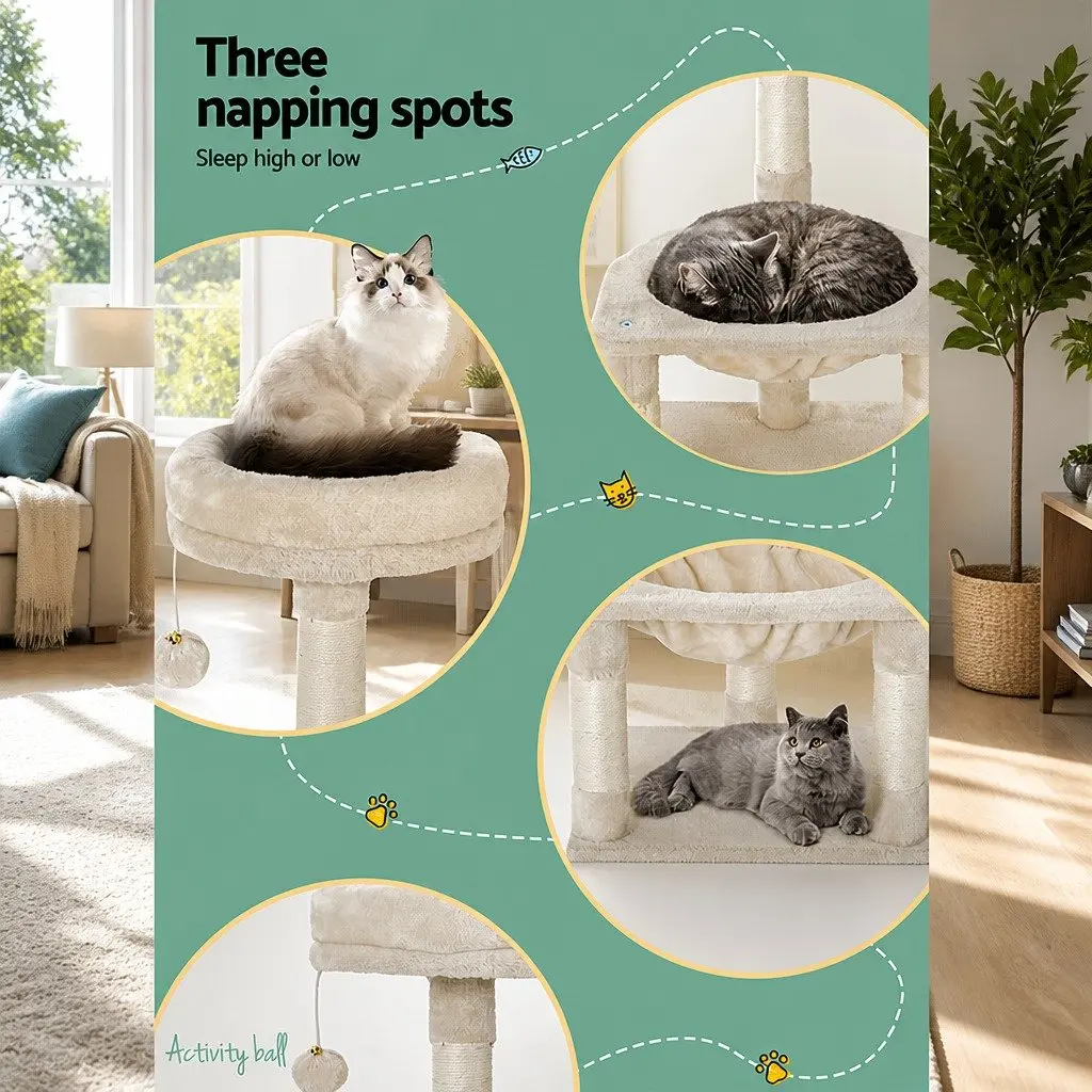 Cat Scratching Post Tree Tower Multi-Level 69cm Beige Plush Velvet with Hammock Bed and Activity Ball