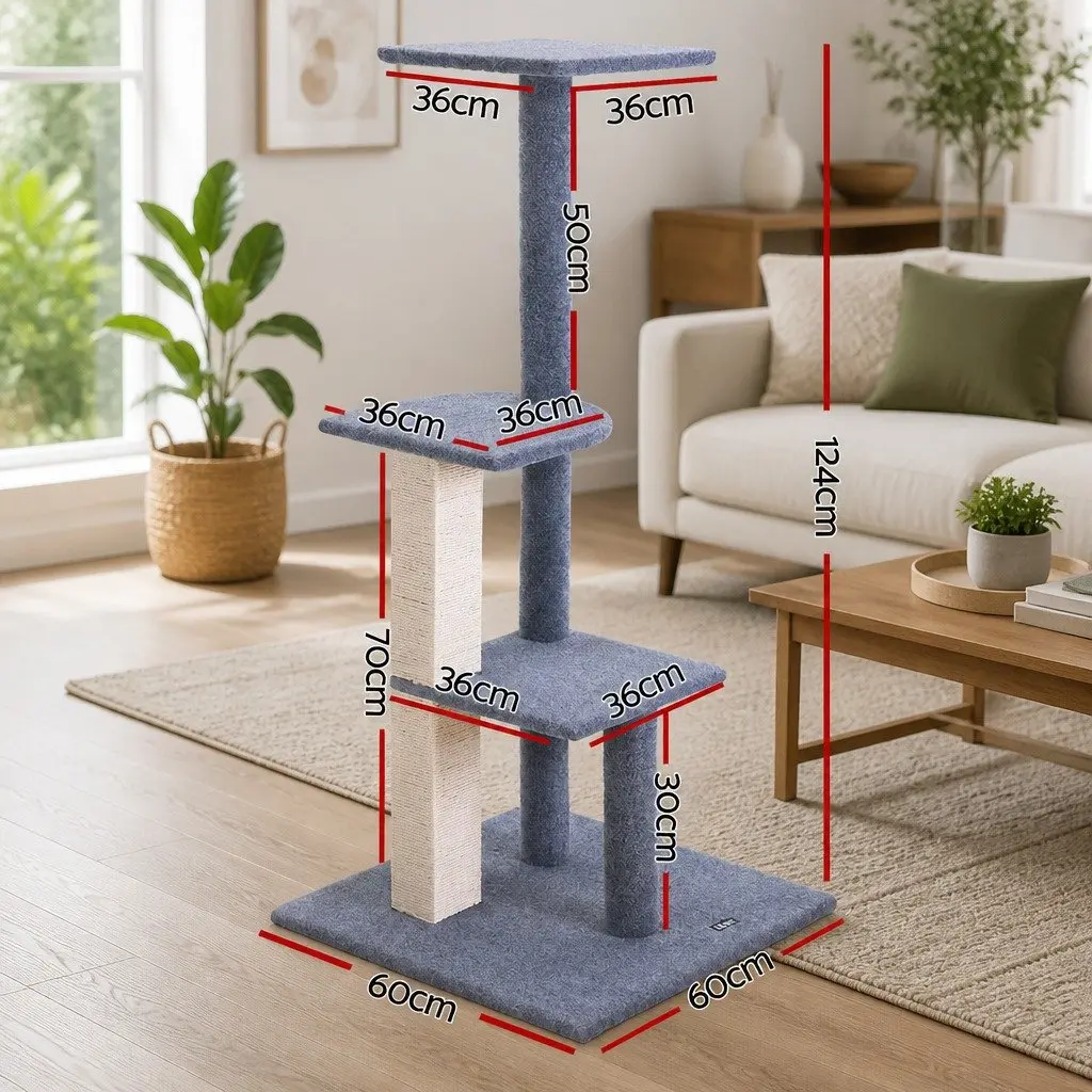 Cat Tree 124cm Scratching Post Tower Multi-Level Condo Perch Climbing Grey