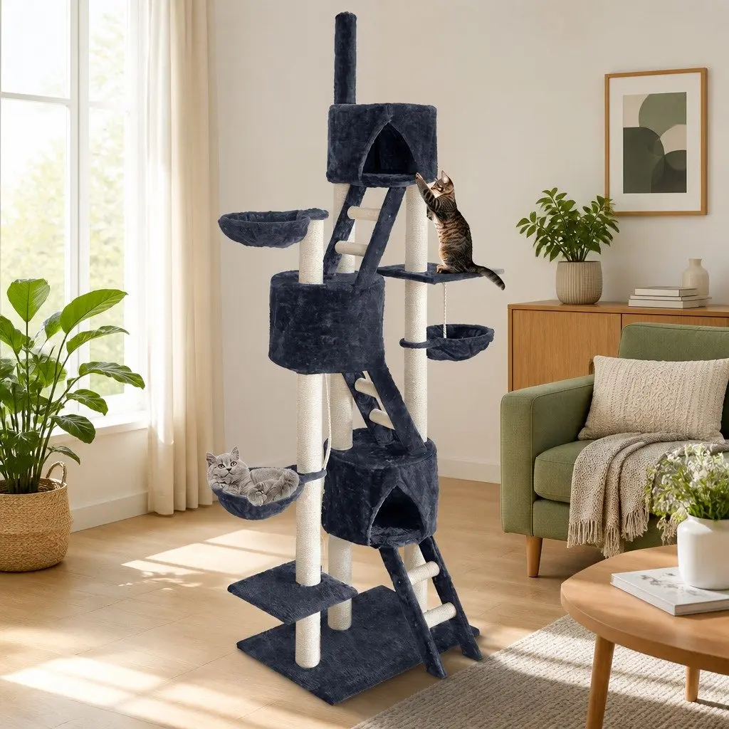 Cat Tree Multi-Level 244cm Tall Grey Scratching Post Tower Condo House