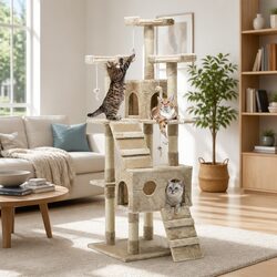 Cat Tree 180cm Tower Scratching Post Condo House Multi-Level Play Beige