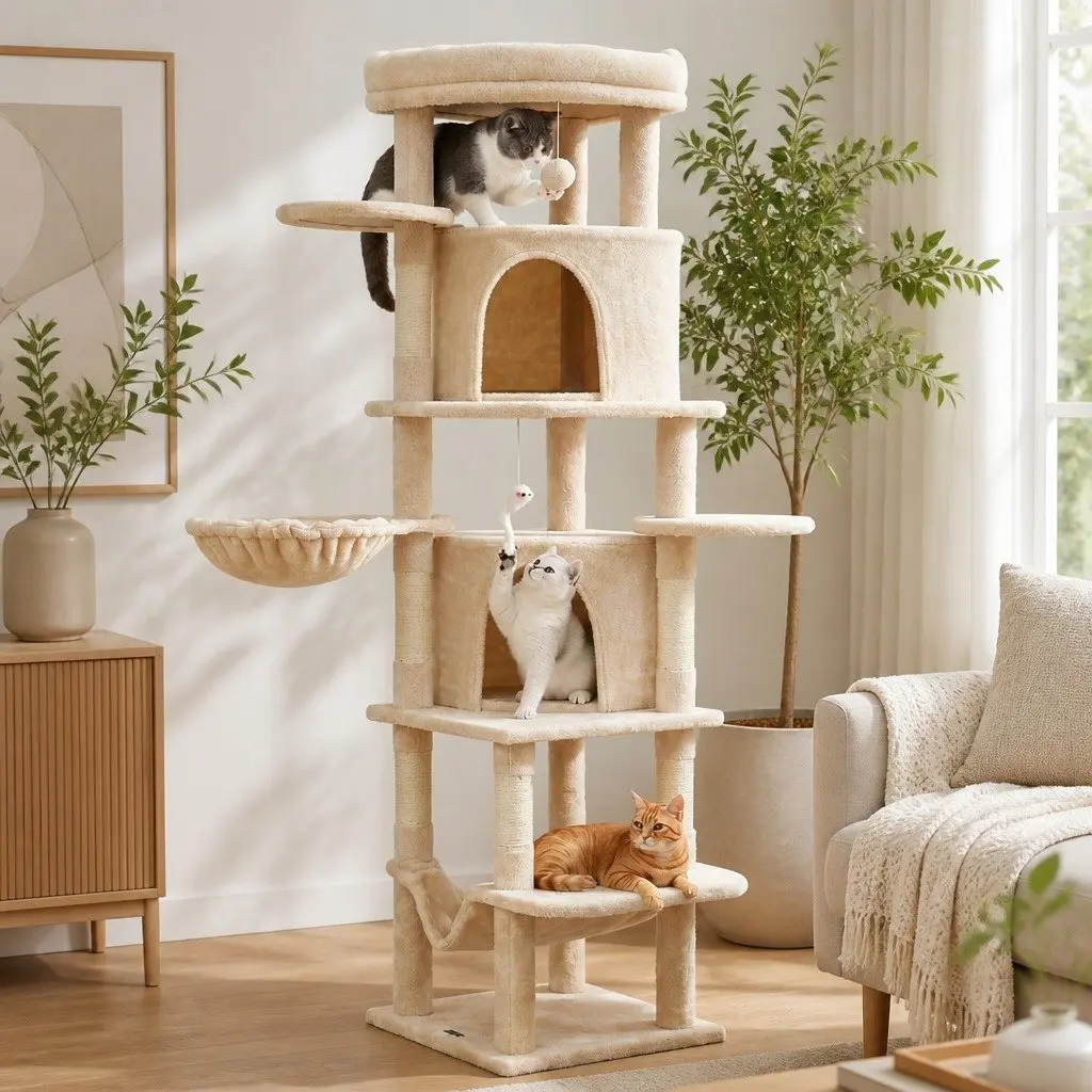 Cat Tree Tower 167cm Large Scratching Post Multi-Level Furniture Beige House