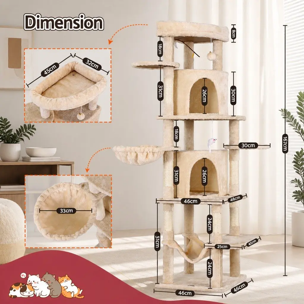 Cat Tree Tower Multi-Level 167cm Beige Scratching Post Furniture