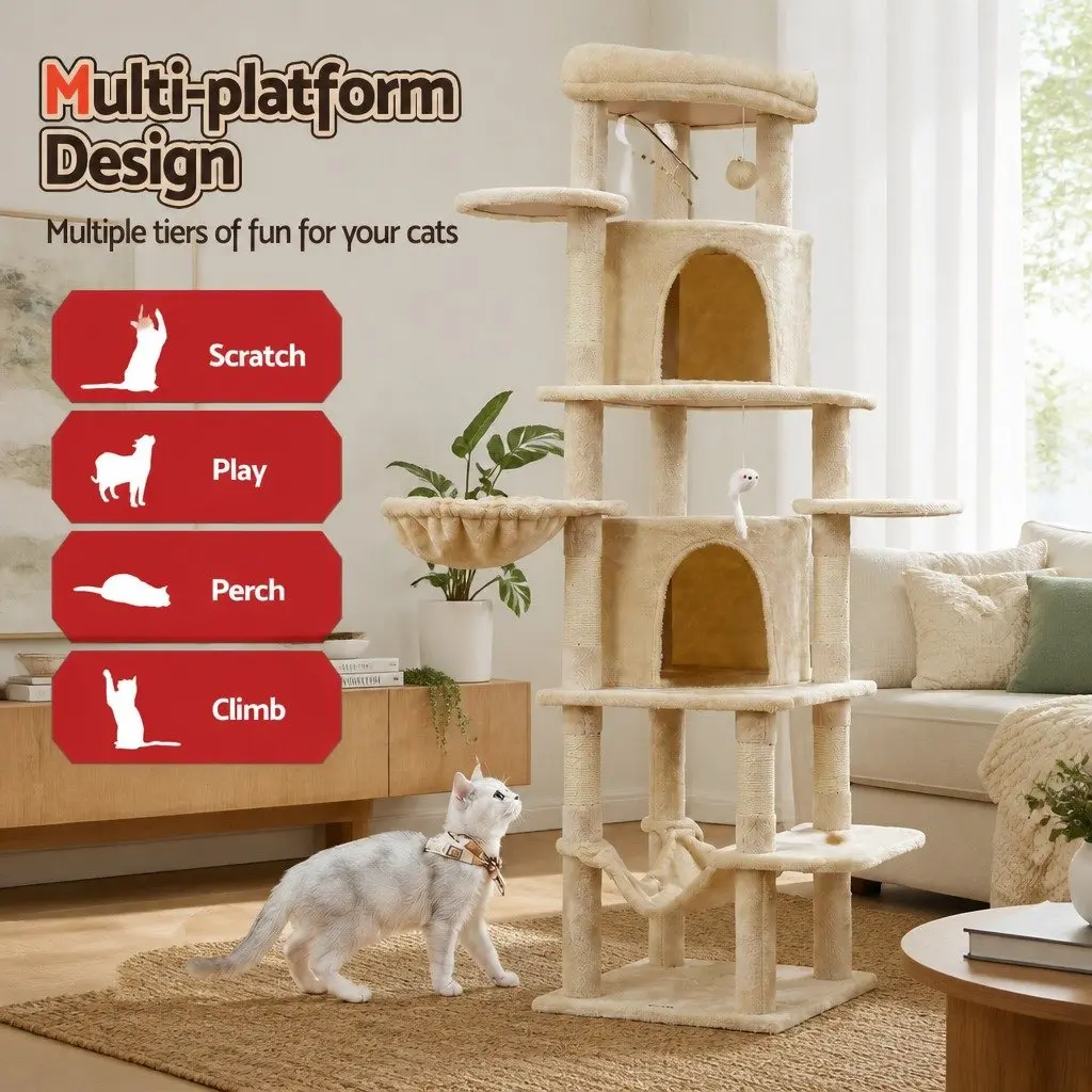 Cat Tree Tower Multi-Level 167cm Beige Scratching Post Furniture