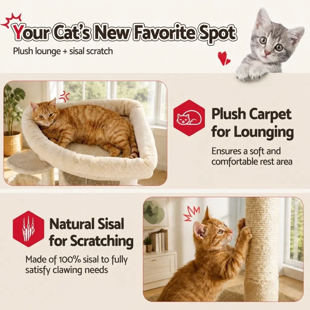 Cat Tree Tower Multi-Level 167cm Beige Scratching Post Furniture