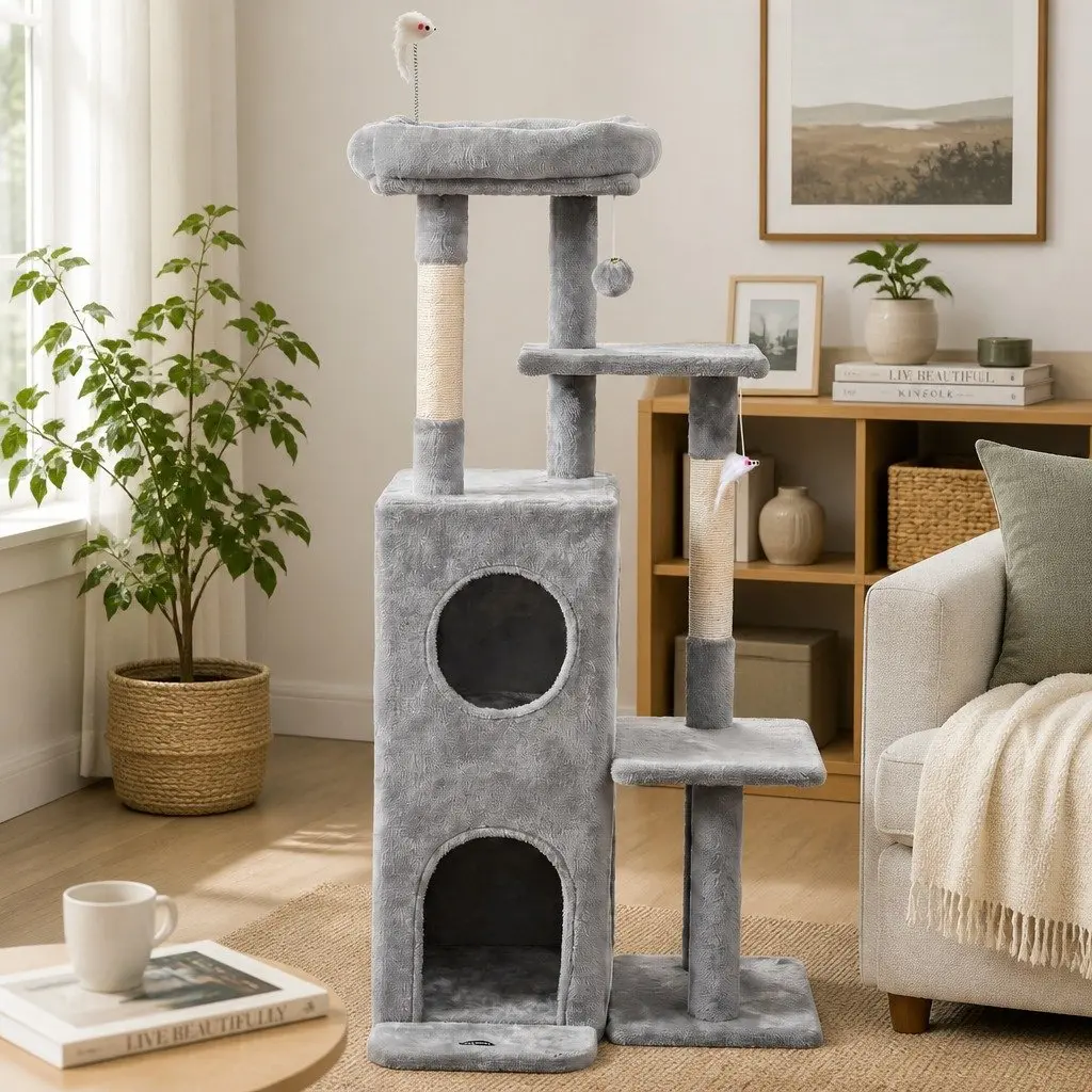 Cat Tree Tower Multi-Level Platforms Scratching Post Light Grey 127cm
