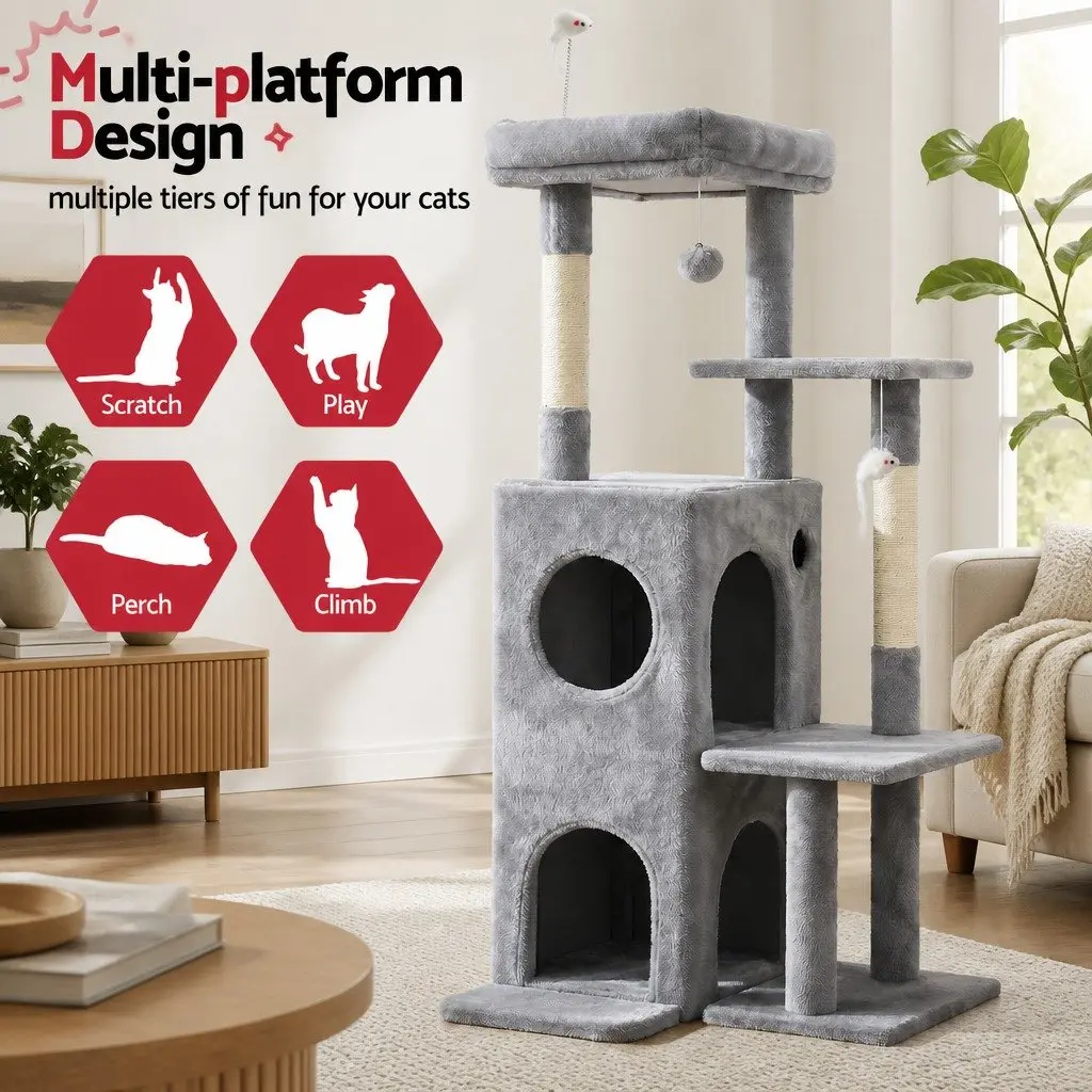 Cat Tree Tower Multi-Level Platforms Scratching Post Light Grey 127cm