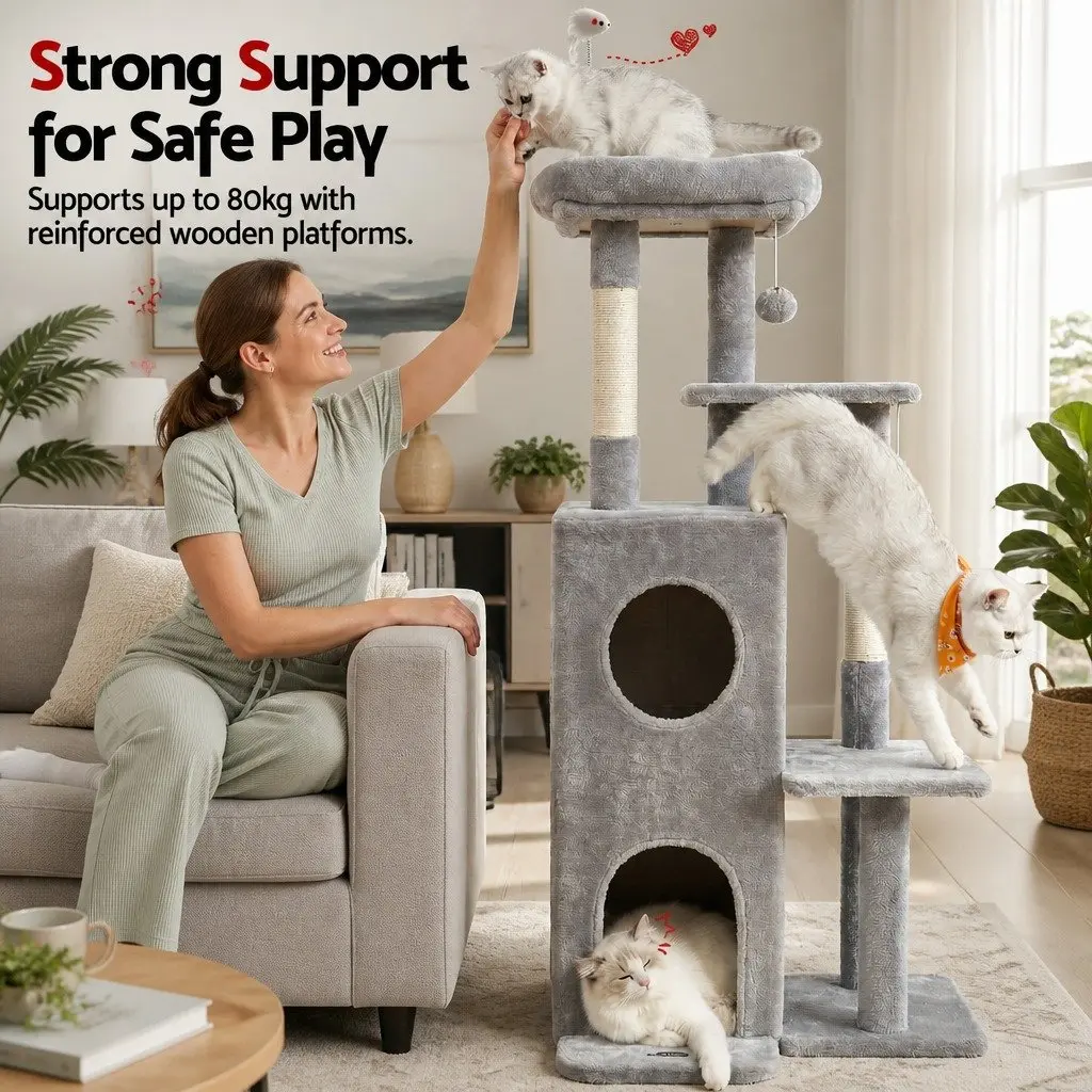 Cat Tree Tower Multi-Level Platforms Scratching Post Light Grey 127cm