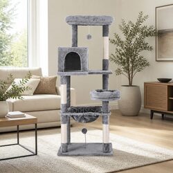 Cat Tree Tower Scratching Post Condo House 143cm Multi-Level Grey Wooden Pet