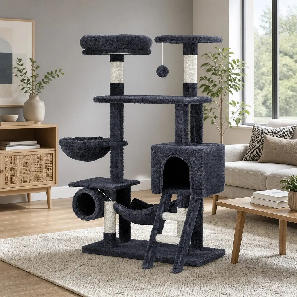 Cat Tree Multi-Level Scratching Post 144cm Grey Wood