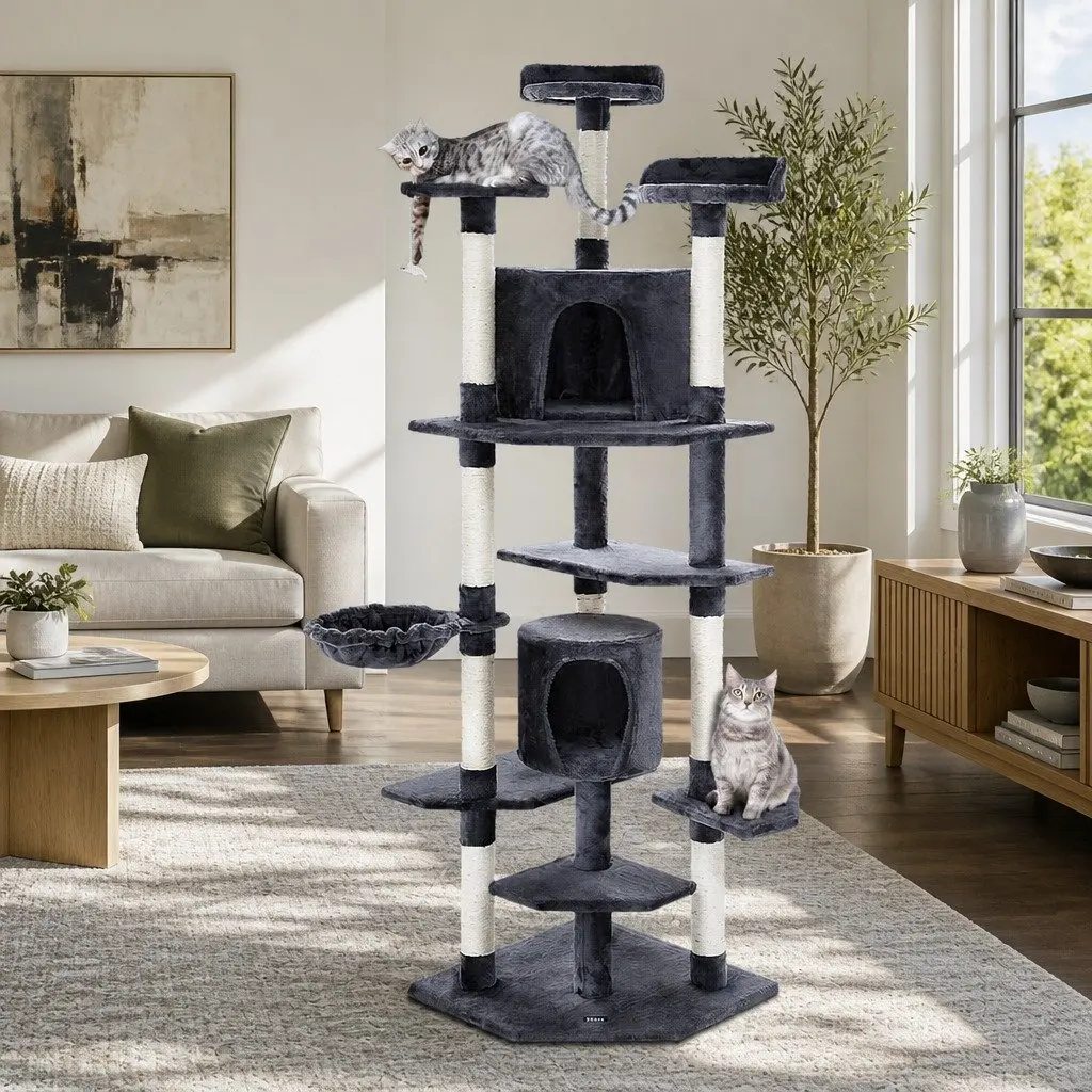 Cat Tree 203cm Tower Scratching Post Condo House Bed Multi-Level Climbing Grey