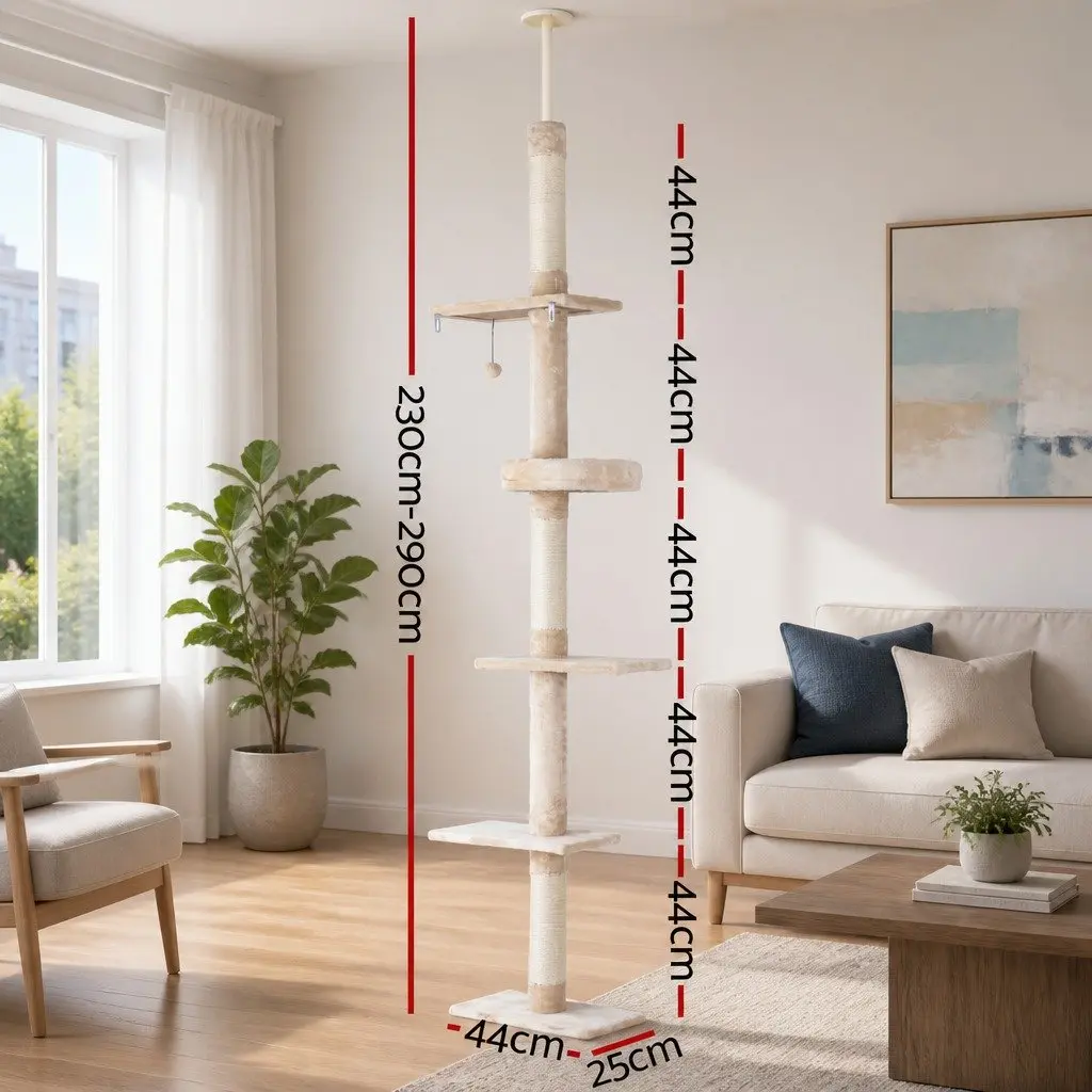 Cat Tree Floor to Ceiling Tower 290cm 5 Platform Levels Beige or White