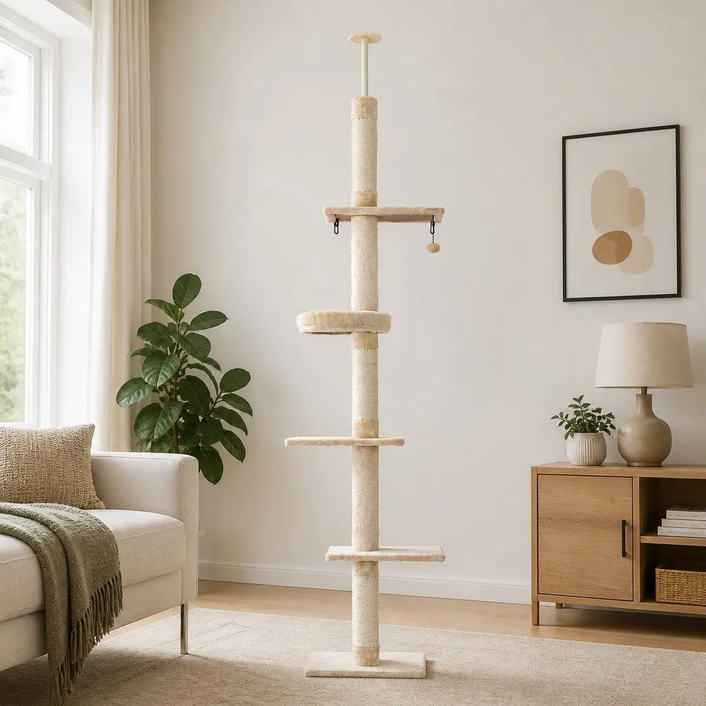 Cat Tree Floor to Ceiling Tower 290cm 5 Platform Levels Beige or White