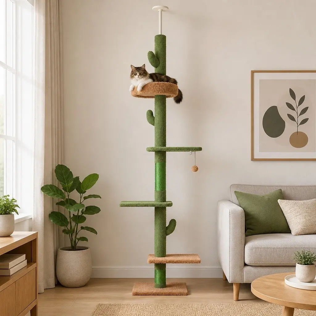 Cat Scratching Post Floor to Ceiling Adjustable Multi Level 290cm Green Beige