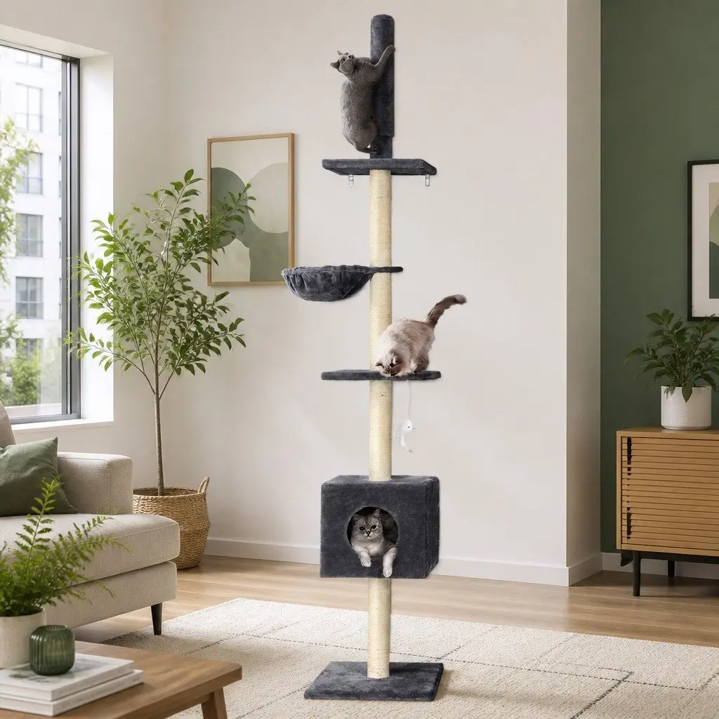 Cat Tree Tower 260cm Floor to Ceiling Scratching Post 4 Platform Levels Dark